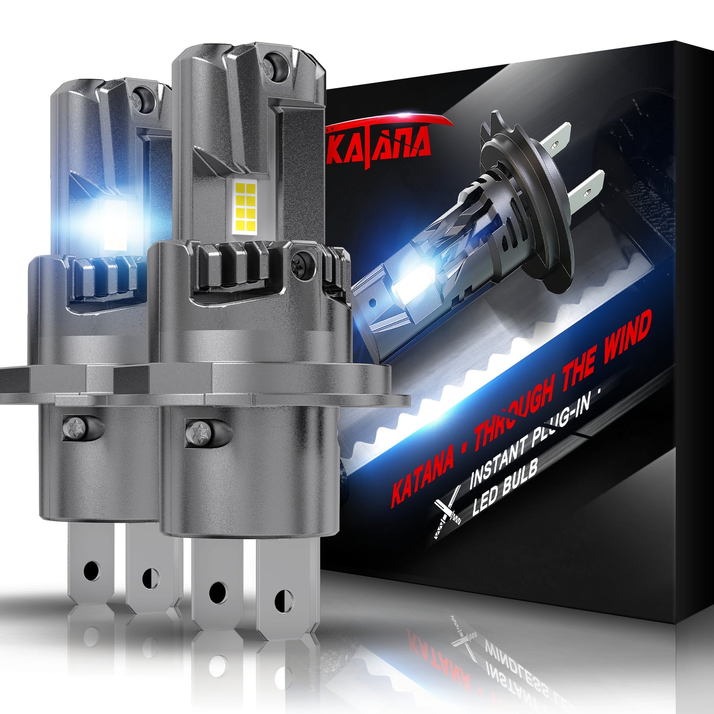 Katana Upgraded H4 Bulbs, 18000LM 6500K Xenon White Super Bright Mini Size with Cooling Fan, 9003 Canbus Ready Fog Light, Pack of 2
