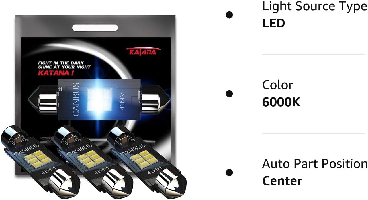KATANA 41mm 42mm 212-2 211-2 LED Bulbs,Dome Courtesy Map Luggage Trunk Interior Door Vanity Mirror Engine Lights - CANBUS Error Free - 3020 Chips 6000K Cool White (Pack of 4)