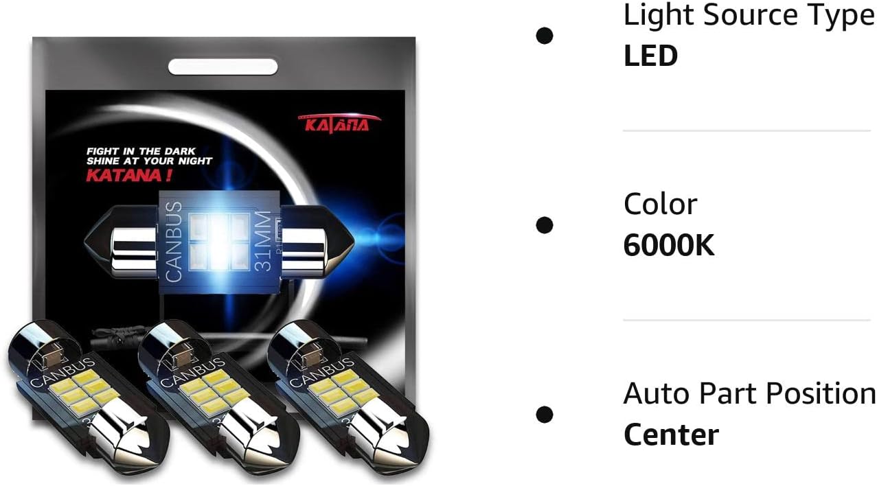 KATANA 31mm 3022 LED Festoon Bulbs,Dome Luggage Map Trunk Courtesy Glove Box Interior Door License Plate Lights - CANBUS Error Free - 3020 Chips 6000K Cool White (Pack of 4)