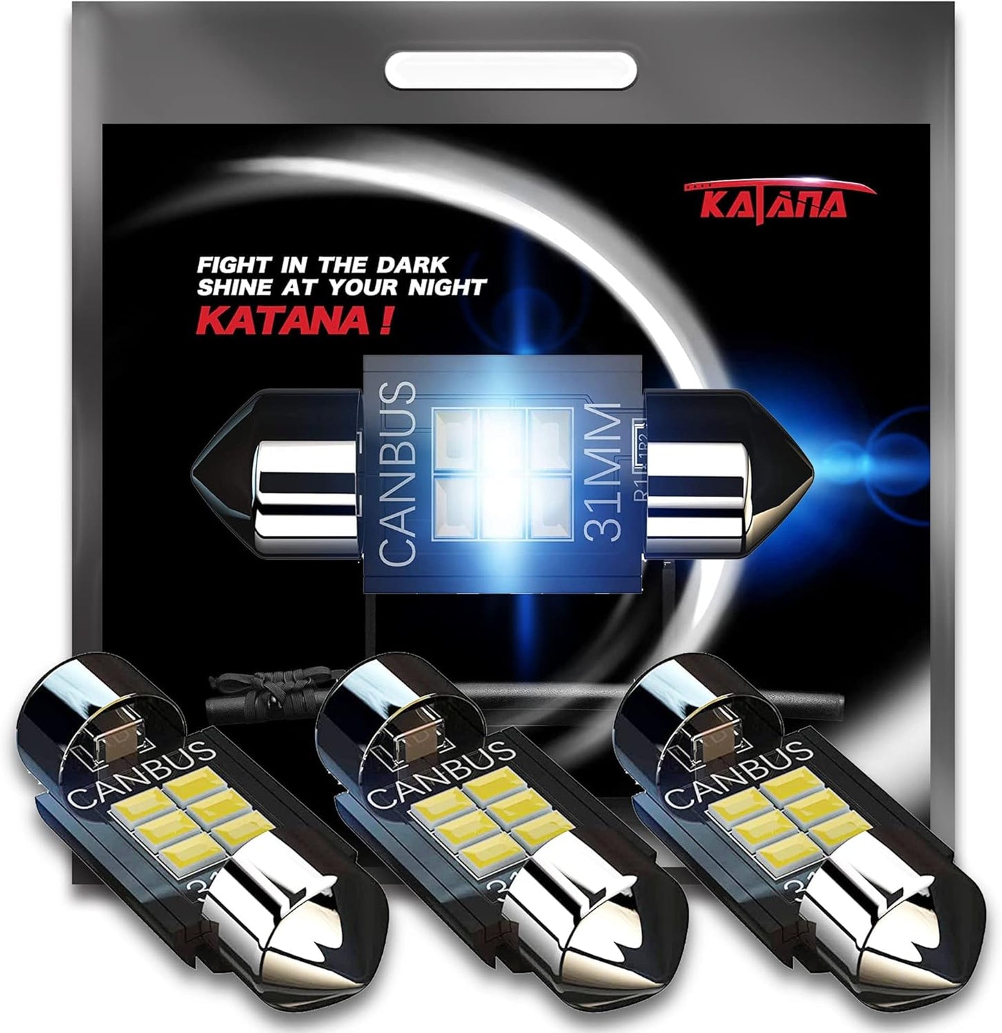 KATANA 31mm 3022 LED Festoon Bulbs,Dome Luggage Map Trunk Courtesy Glove Box Interior Door License Plate Lights - CANBUS Error Free - 3020 Chips 6000K Cool White (Pack of 4)