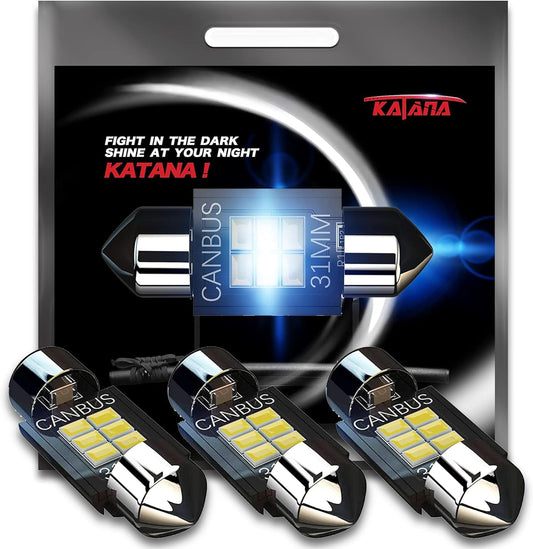KATANA 31mm 3022 LED Festoon Bulbs,Dome Luggage Map Trunk Courtesy Glove Box Interior Door License Plate Lights - CANBUS Error Free - 3020 Chips 6000K Cool White (Pack of 4)