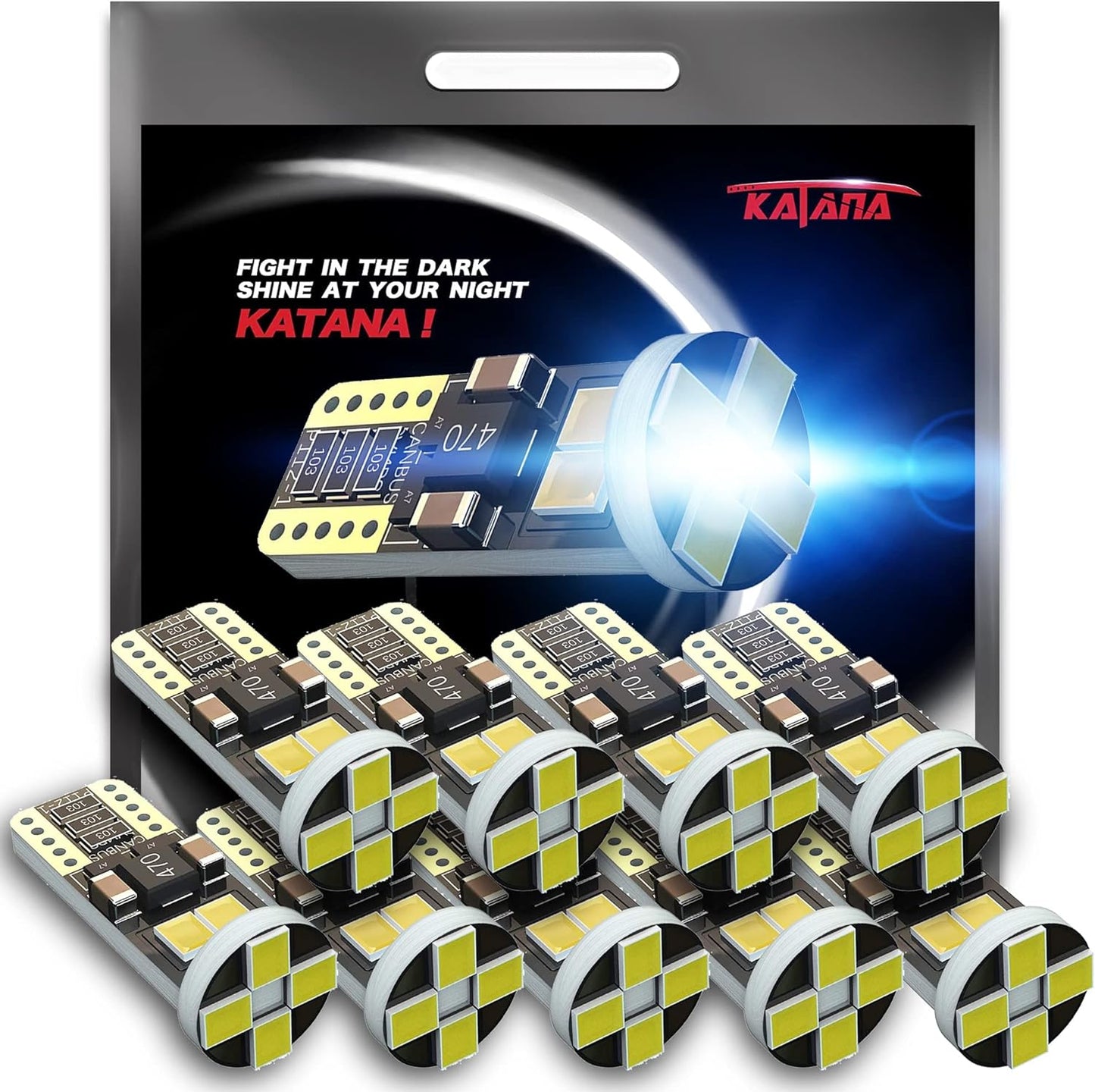 Katana T10 194 921 LED Bulbs,Dome Map Interior Door Backup Reverse License Plate Courtesy Parking Trunk Lights - CANBUS Error Free - 2835 Chips 6000K Cool White (Pack of 10)