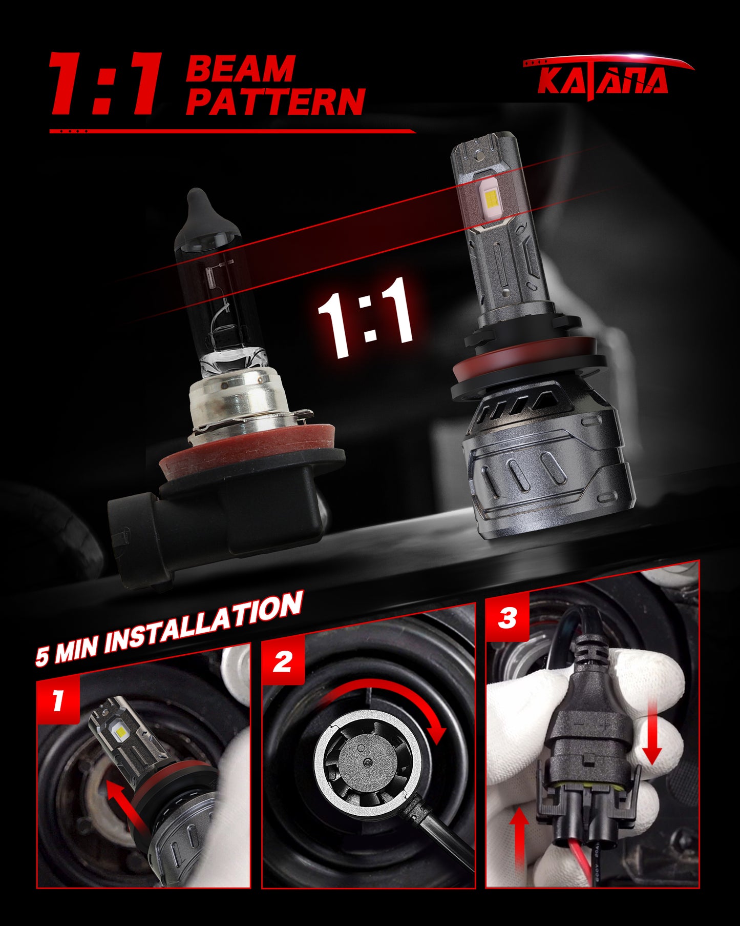 KATANA 9005 H11 Bulbs Combo, 800% Brightness 6500K White Plug and Play Mini Size Fog Bulb Pack of 4