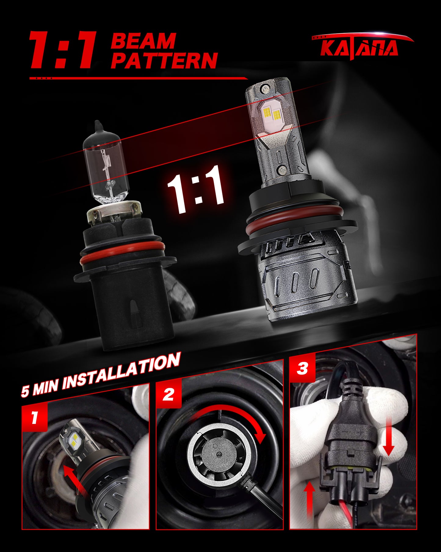 KATANA 9007 Light Bulb, HB5 Bulb 400% Brightness 6500K White Plug and Play Mini Size Fog Light Bulb of 2