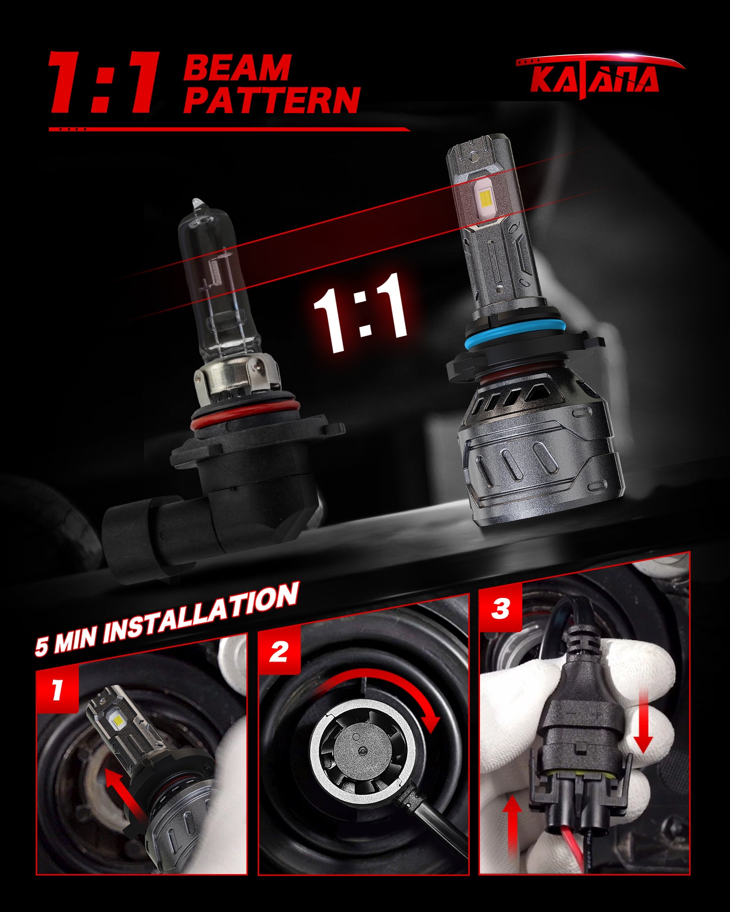 KATANA 9006 Light Bulb, HB4 Bulb 16000LM Super Bright 70W 6500K Mini Size Plug and Play Fog Light Bulb of 2
