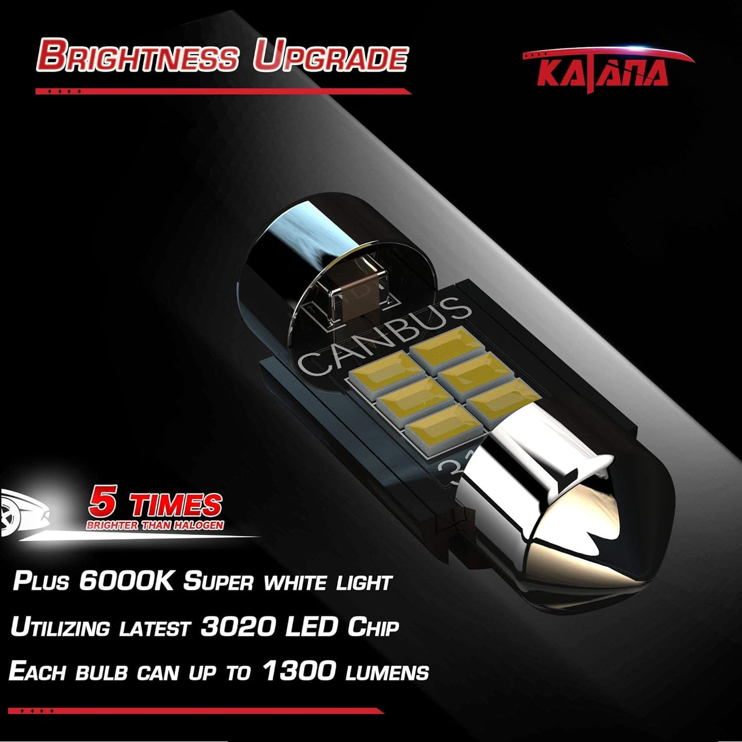 KATANA 31mm 3022 LED Festoon Bulbs,Dome Luggage Map Trunk Courtesy Glove Box Interior Door License Plate Lights - CANBUS Error Free - 3020 Chips 6000K Cool White (Pack of 4)