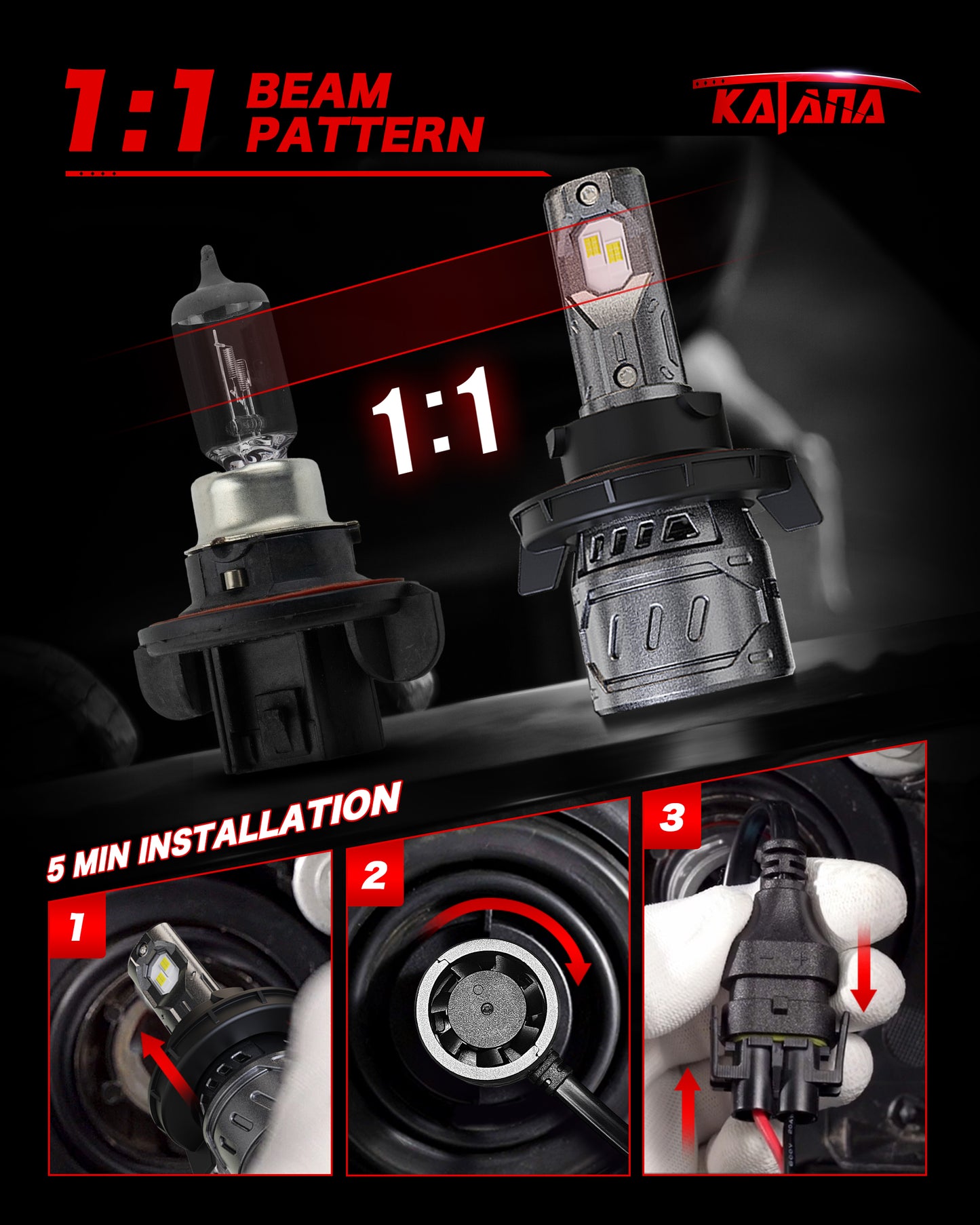KATANA H13 Light Bulb. 9008 Bulb 400% Brightness Super Bright 70W 6500K White Mini Size Plug and Play Fog Bulb of 2