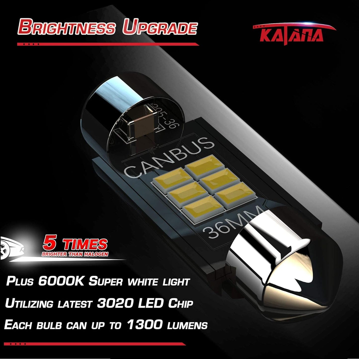 KATANA 36mm 6418 LED Bulbs,Dome License Plate Trunk Glove Box Courtesy Luggage Map Interior Door Lights - CANBUS Error Free - 3020 Chips 6000K Cool White(Pack of 4)