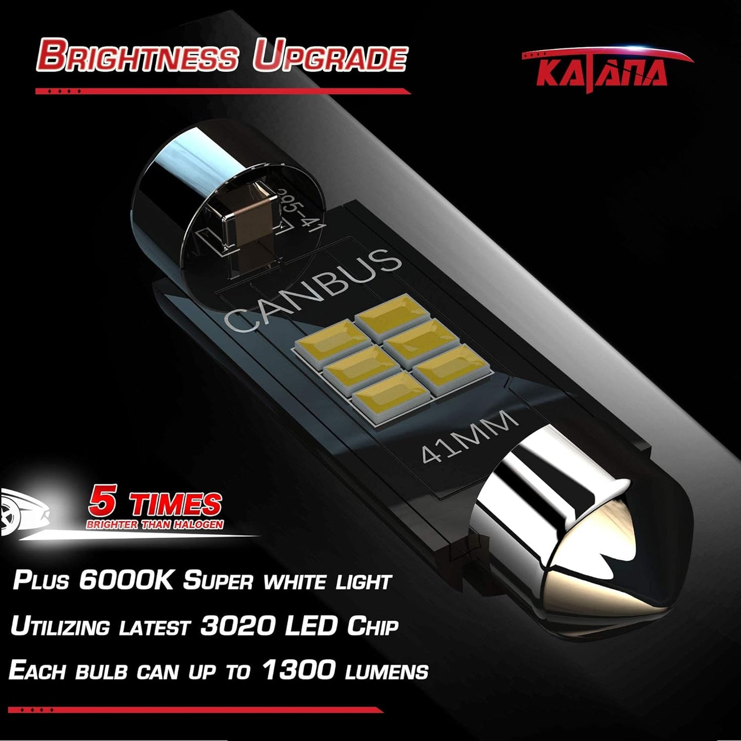 KATANA 41mm 42mm 212-2 211-2 LED Bulbs,Dome Courtesy Map Luggage Trunk Interior Door Vanity Mirror Engine Lights - CANBUS Error Free - 3020 Chips 6000K Cool White (Pack of 4)