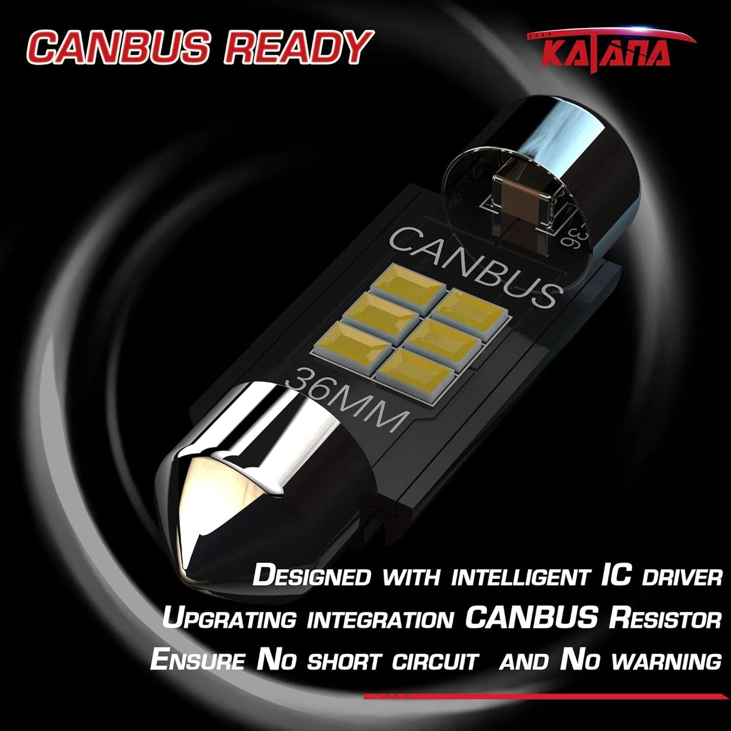 KATANA 36mm 6418 LED Bulbs,Dome License Plate Trunk Glove Box Courtesy Luggage Map Interior Door Lights - CANBUS Error Free - 3020 Chips 6000K Cool White(Pack of 4)