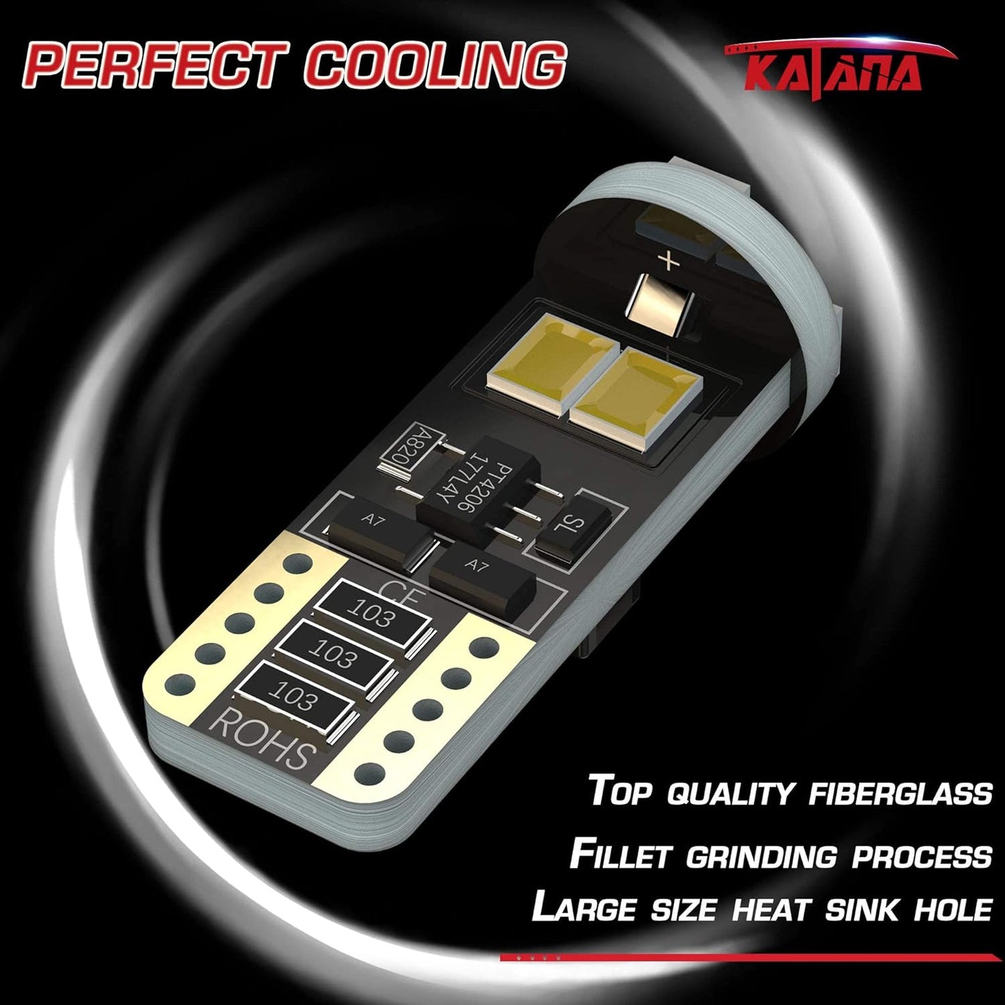 Katana T10 194 921 LED Bulbs,Dome Map Interior Door Backup Reverse License Plate Courtesy Parking Trunk Lights - CANBUS Error Free - 2835 Chips 6000K Cool White (Pack of 10)