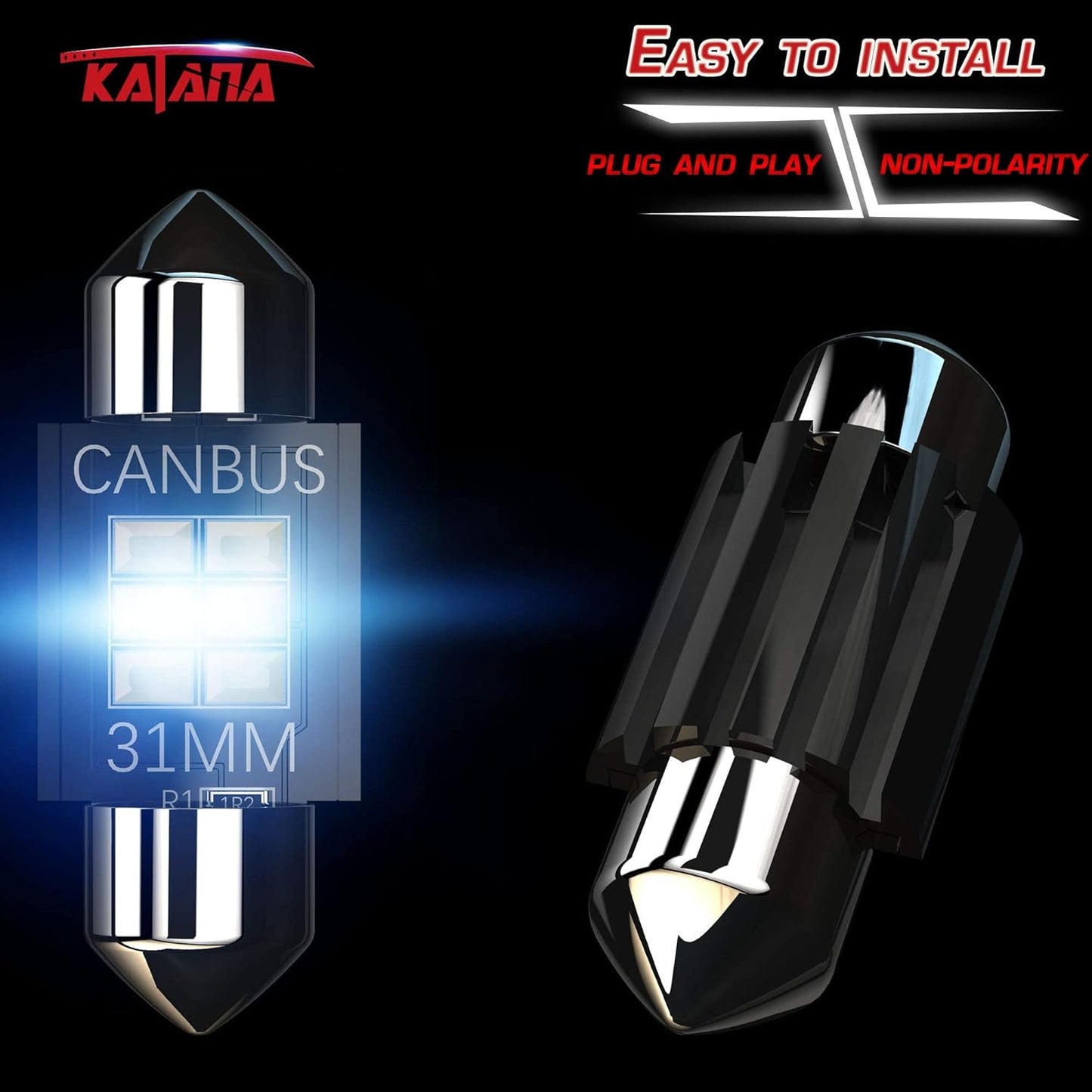 KATANA 31mm 3022 LED Festoon Bulbs,Dome Luggage Map Trunk Courtesy Glove Box Interior Door License Plate Lights - CANBUS Error Free - 3020 Chips 6000K Cool White (Pack of 4)