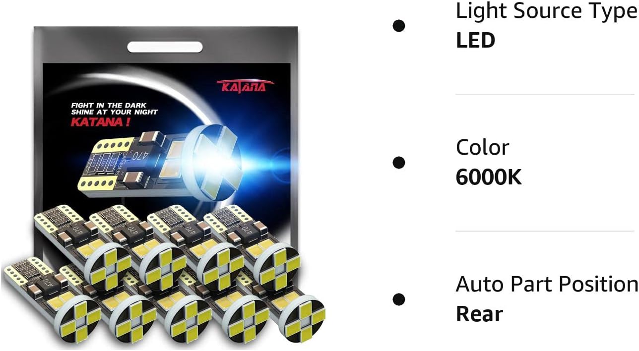 Katana T10 194 921 LED Bulbs,Dome Map Interior Door Backup Reverse License Plate Courtesy Parking Trunk Lights - CANBUS Error Free - 2835 Chips 6000K Cool White (Pack of 10)