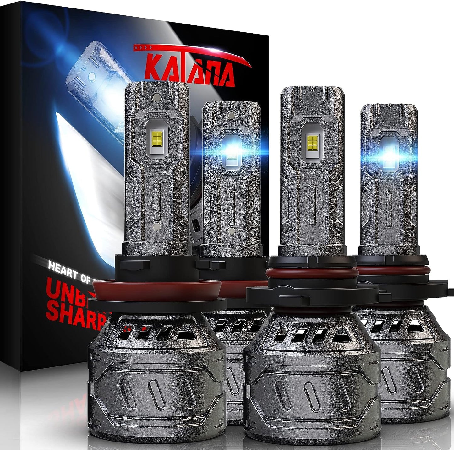 KATANA 9005 H11 Bulbs Combo, 800% Brightness 6500K White Plug and Play Mini Size Fog Bulb Pack of 4
